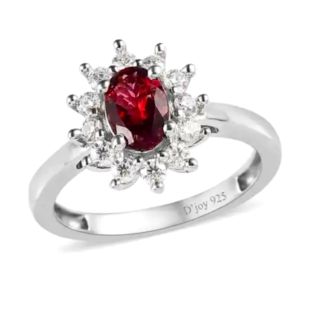 Ouro Fino Rubellite and Moissanite Sunburst Ring Platinum Over Sterling Silver